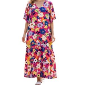 Adrienne Pink Multicolor Flower Power Short Sleeve Ruffled Maxi Dress Medium